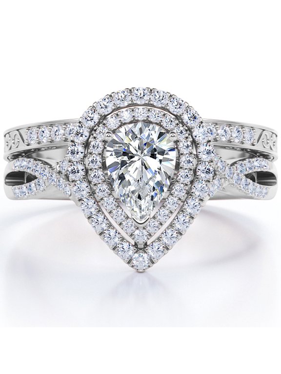 Duo Halo Design - 1.75 Carat Almond Shape Moissanite - Crossover Edwardian Wedding Set - 18K White Gold Plating over Silver