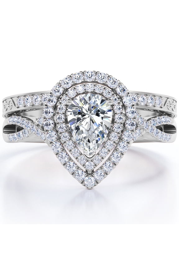 Duo Halo Design - 1.75 Carat Almond Shape Moissanite - Crossover Edwardian Wedding Set - 18K White Gold Plating over Silver