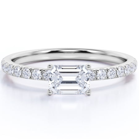 JeenMata East West 1.75 Carat Emerald Cut Moissanite 4 Prong Set Pave Engagement Ring In 18K White Gold Plating Over Silver