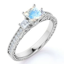 JeenMata Edwardian 1 Carat Princess Cut Moonstone and Moissanite 3 Stone Wedding Ring - 18k White Gold over Silver