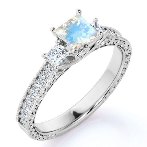 JeenMata Edwardian 1 Carat Princess Cut Moonstone and Moissanite 3 Stone Wedding Ring - 18k White Gold over Silver