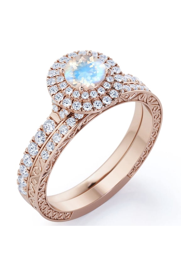 Edwardian Band - 1.75 Carat Round Shape Blue Moonstone and Moissanite - Pave Double Halo Wedding Ring Set - 18K Rose Gold Plating over Silver