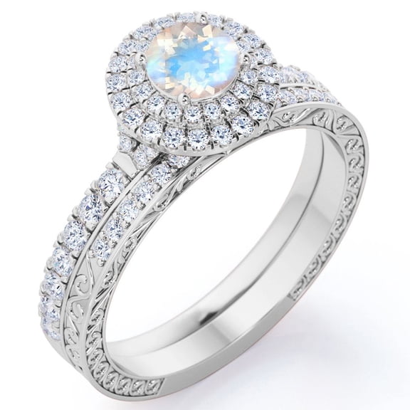JeenMata Edwardian Band - 1.75 Carat Round Shape Blue Moonstone and Moissanite - Pave Double Halo Wedding Ring Set - 18K White Gold Plating over Silver