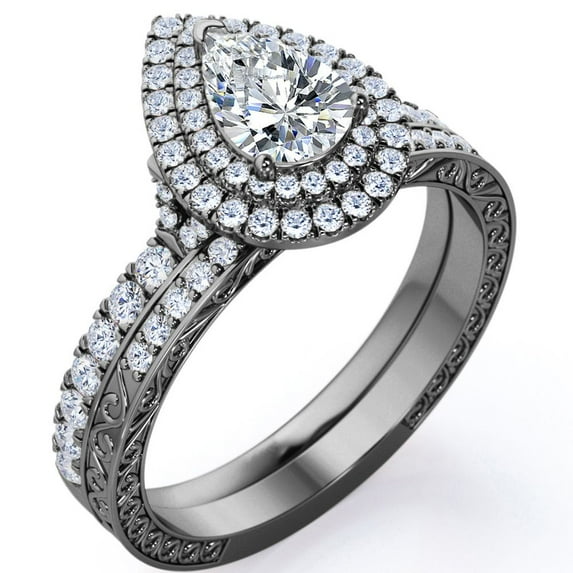 JeenMata Edwardian Decorative 1.75 Carat Pear Shaped Dual Halo Style Bridal Set in 18K Black Gold Plating over Silver