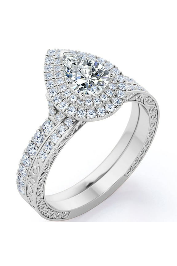 Edwardian Decorative 1.25 Carat Pear Shaped Dual Halo Style Bridal Set in 18K White Gold Plating over Silver