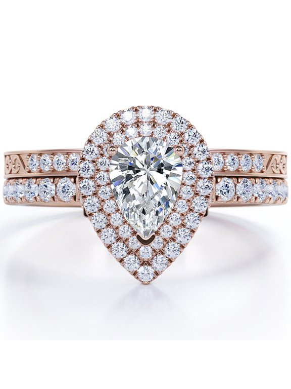 Edwardian Decorative 1.75 Carat Pear Shaped Moissanite Dual Halo Style Bridal Set in 18K Rose Gold Plating over Silver