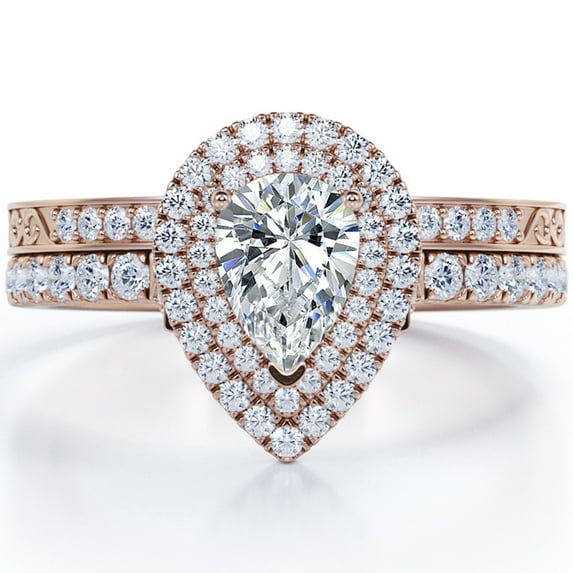 JeenMata Edwardian Decorative 1.75 Carat Pear Shaped Moissanite Dual Halo Style Bridal Set in 18K Rose Gold Plating over Silver