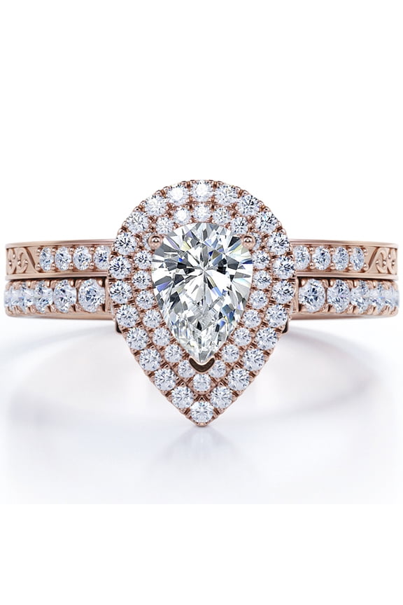 Edwardian Decorative 1.75 Carat Pear Shaped Moissanite Dual Halo Style Bridal Set in 18K Rose Gold Plating over Silver