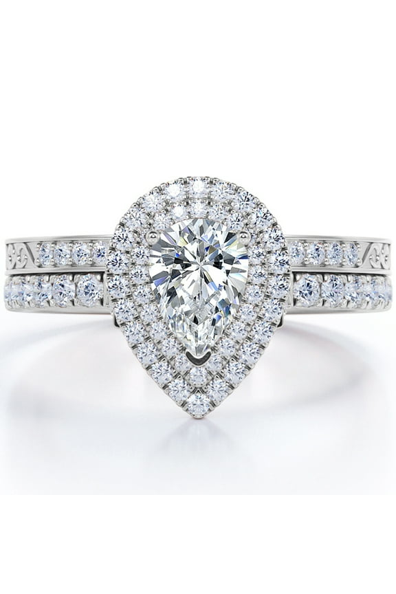 Edwardian Decorative 1.75 Carat Pear Shaped Moissanite Dual Halo Style Bridal Set in 18K White Gold Plating over Silver