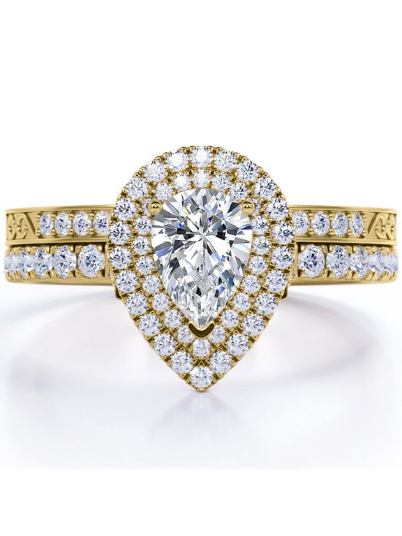 Edwardian Decorative 1.75 Carat Pear Shaped Moissanite Dual Halo Style Bridal Set in 18K Yellow Gold Plating over Silver