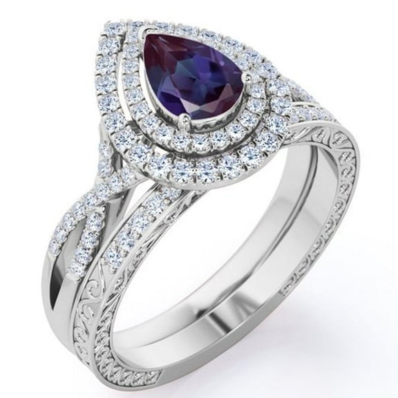 JeenMata Edwardian Filigree - 1.75 Carat Pear Shape Lab Created Alexandrite and Moissanite - Infinity Duo Halo Wedding Ring Set - 18K White Gold Plating over Silver