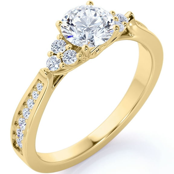 JeenMata Elegant 1 Carat Round Moissanite - Cluster - Tapered Band - Engagement Ring with Pave Accents - 18K Yellow Gold over Silver