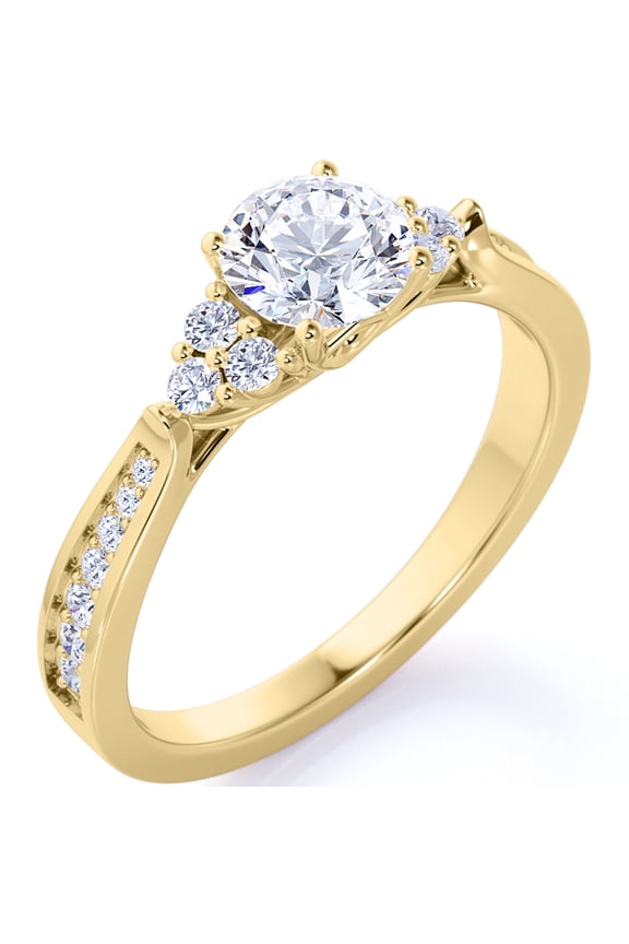 Elegant 1 Carat Round Moissanite - Cluster - Tapered Band - Engagement Ring with Pave Accents - 18K Yellow Gold over Silver