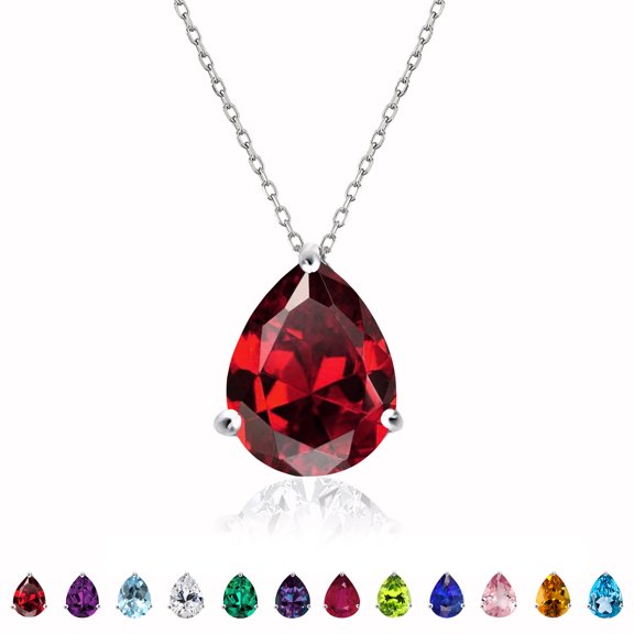 JeenMata Elegant 1.5 TCW Pear Shaped - Garnet - January Birthstone Prongs Solitaire Slider Pendant Necklace in White Gold Plating