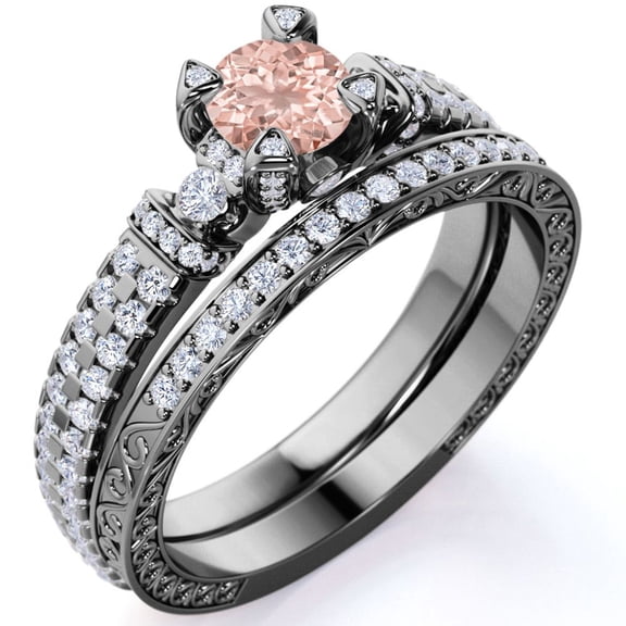 JeenMata Elegant 1.75 ct - Natural Round Pink Champagne created morganite-Edwardian Engagement Ring - Vintage Wedding Set - 18K Black Gold over Silver