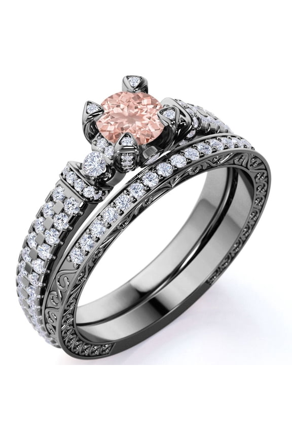 Elegant 1.75 ct - Natural Round Pink Champagne created morganite-Edwardian Engagement Ring - Vintage Wedding Set - 18K Black Gold over Silver