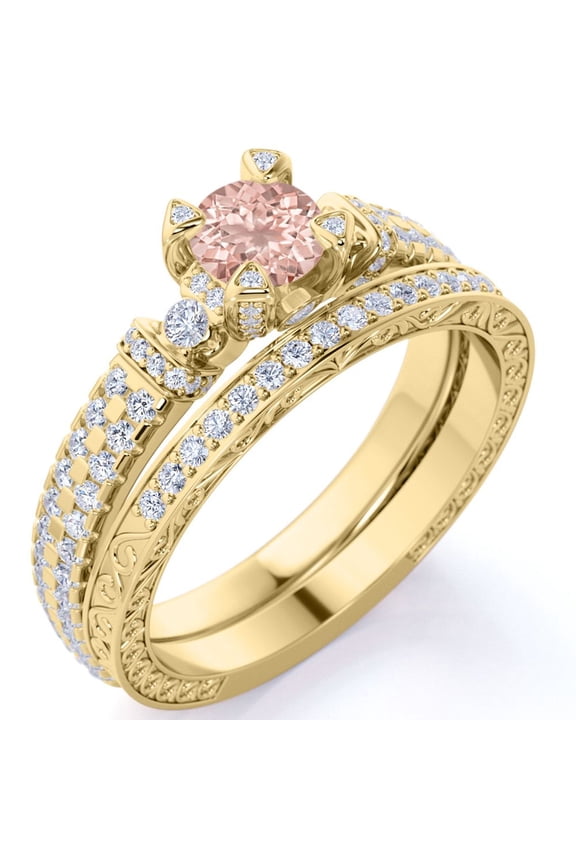 Elegant 1.75 ct - Natural Round Pink Champagne created morganite-Edwardian Engagement Ring - Vintage Wedding Set - 18K Yellow Gold over Silver