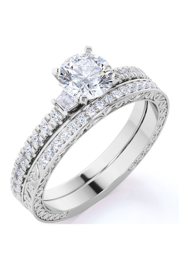 Elegant 1.75 ct Round & Tapered Baguette Moissanite - Pave Set - Thin Band - Vintage Engagement Ring Set - 18K White Gold over Silver