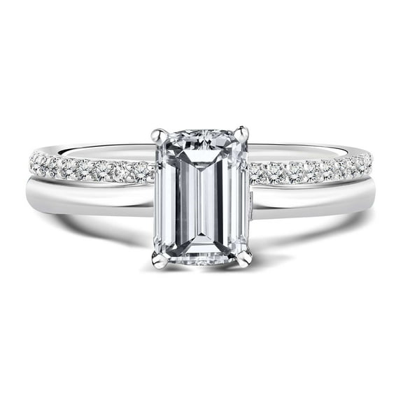 JeenMata Elegant 2.25 Carat Emerald Cut Wedding Set - Micro Pave Wedding Band - in 18K White Gold over Silver