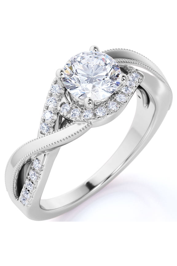 Elegant 1 Carat - Round Moissanite - Pave - Twisted Band - Infinity - Swirl Engagement Ring - 10K White Gold
