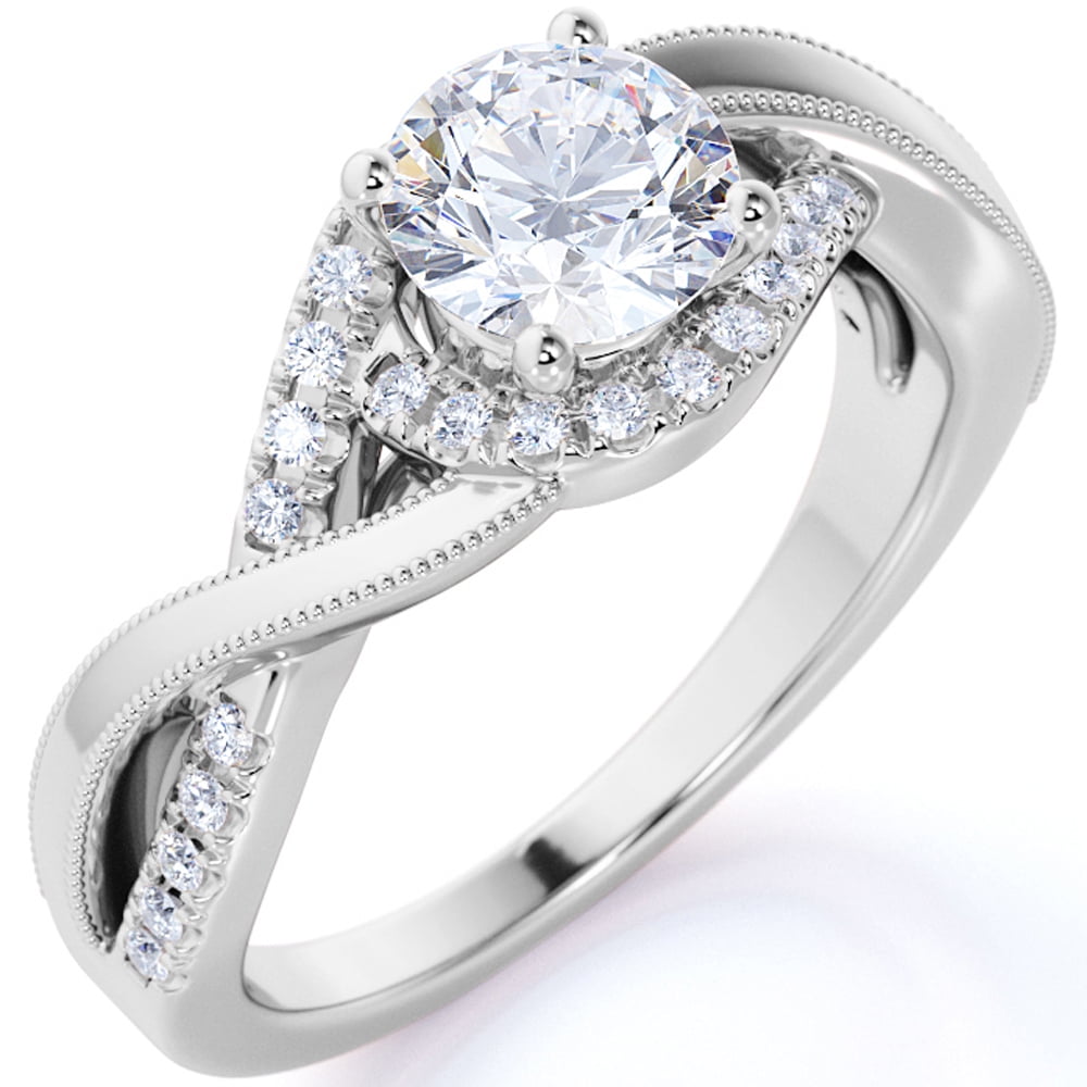 JeenMata Elegant 1 Carat - Round Moissanite - Pave - Twisted Band - Infinity - Swirl Engagement Ring - 18K White Gold over Silver