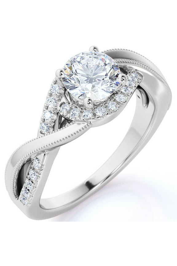 Elegant 1 Carat - Round Moissanite - Pave - Twisted Band - Infinity - Swirl Engagement Ring - 18K White Gold over Silver
