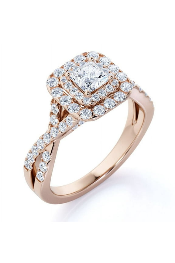 Elegant Square Cut Diamond - Twisted Band - Pave - Double Halo Engagement Ring - 10K Rose Gold