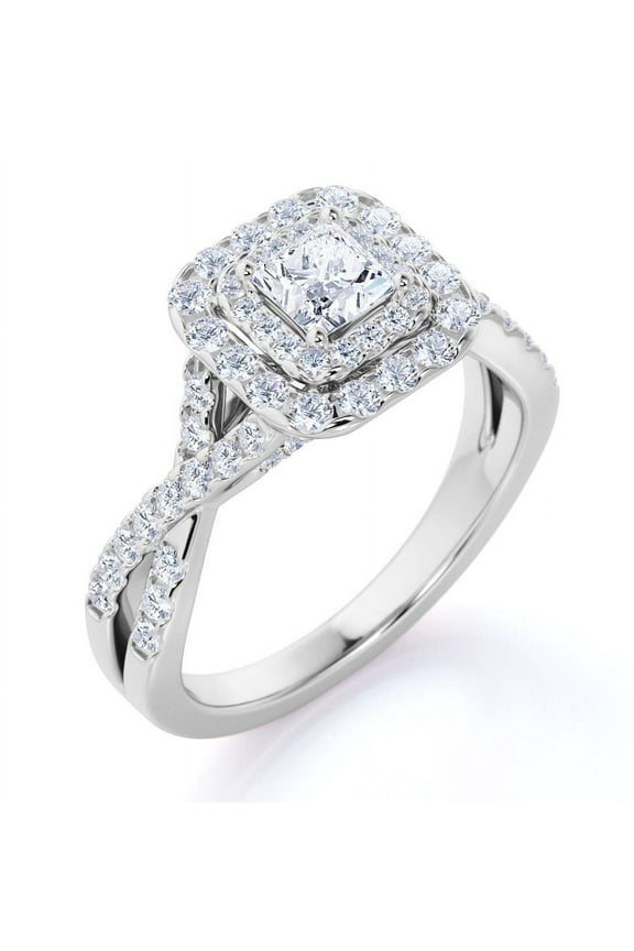 Elegant Square Cut Diamond - Twisted Band - Pave - Double Halo Engagement Ring - 10K White Gold