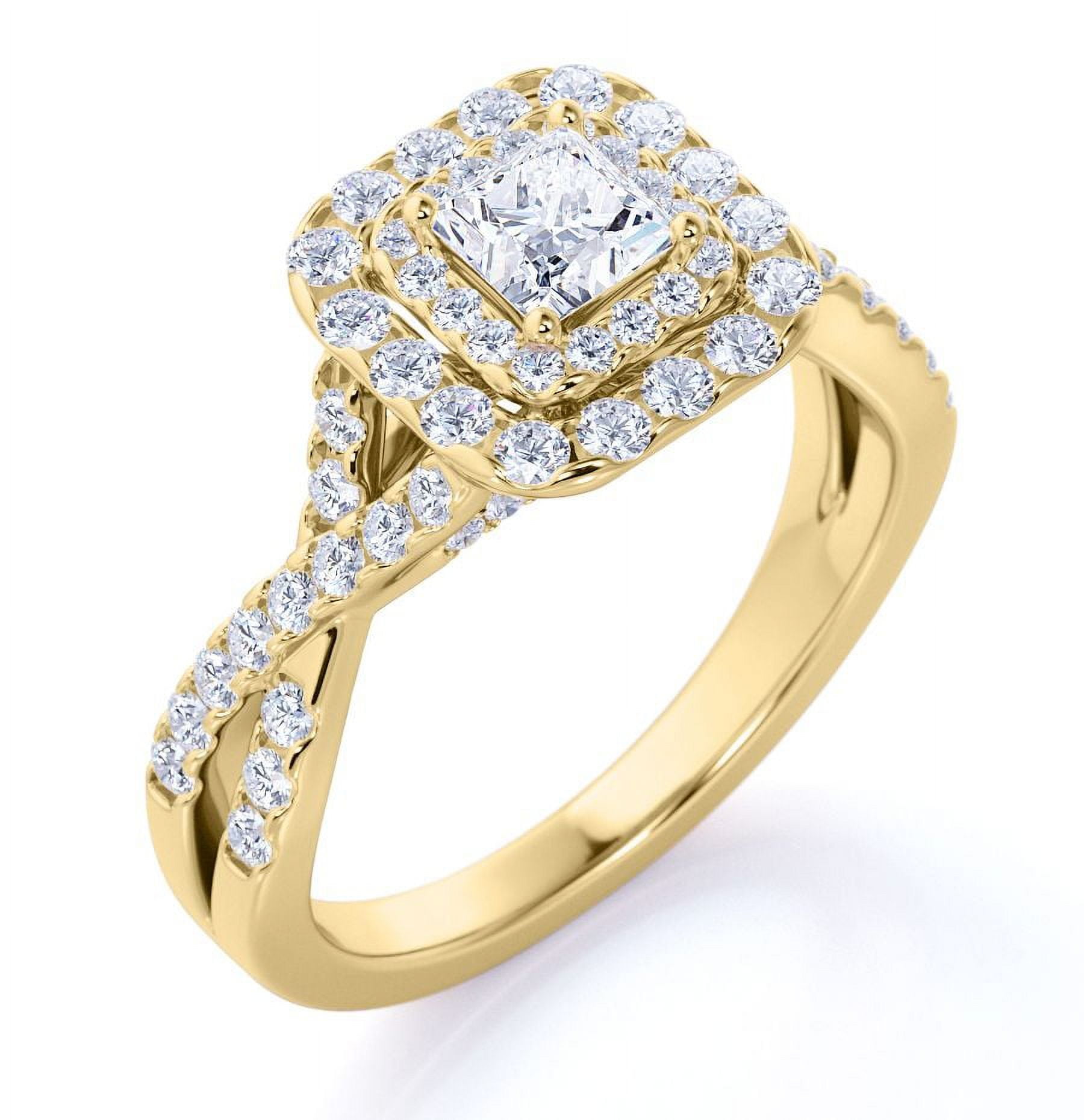 JeenMata Elegant Square Cut Lab Grown Diamond - Twisted Band - Pave - Double Halo Engagement Ring - 10K Yellow Gold