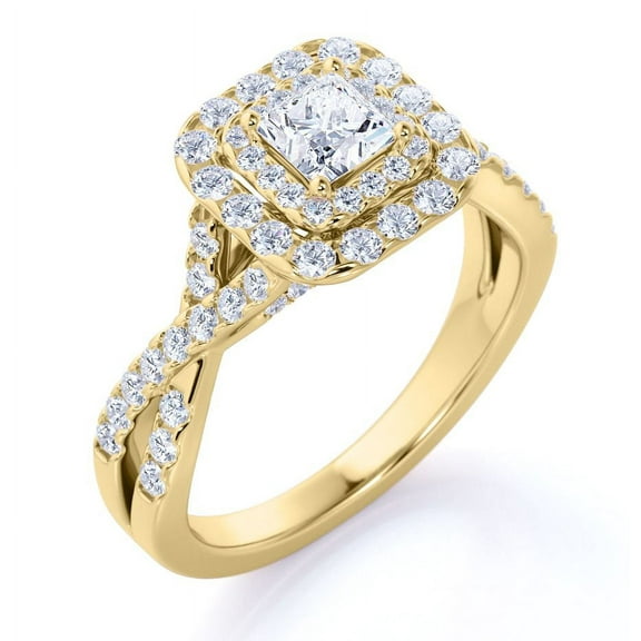 JeenMata Elegant Square Cut Diamond - Twisted Band - Pave - Double Halo Engagement Ring - 10K Yellow Gold