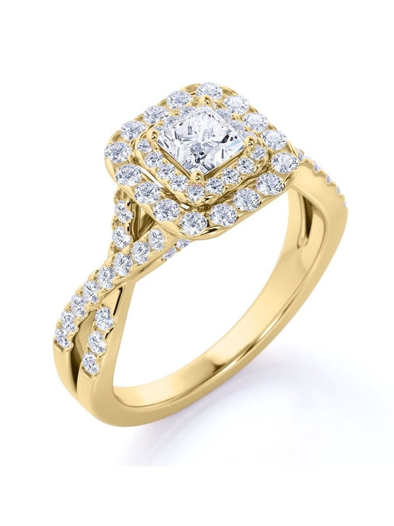 Elegant Square Cut Lab Grown Diamond - Twisted Band - Pave - Double Halo Engagement Ring - 10K Yellow Gold