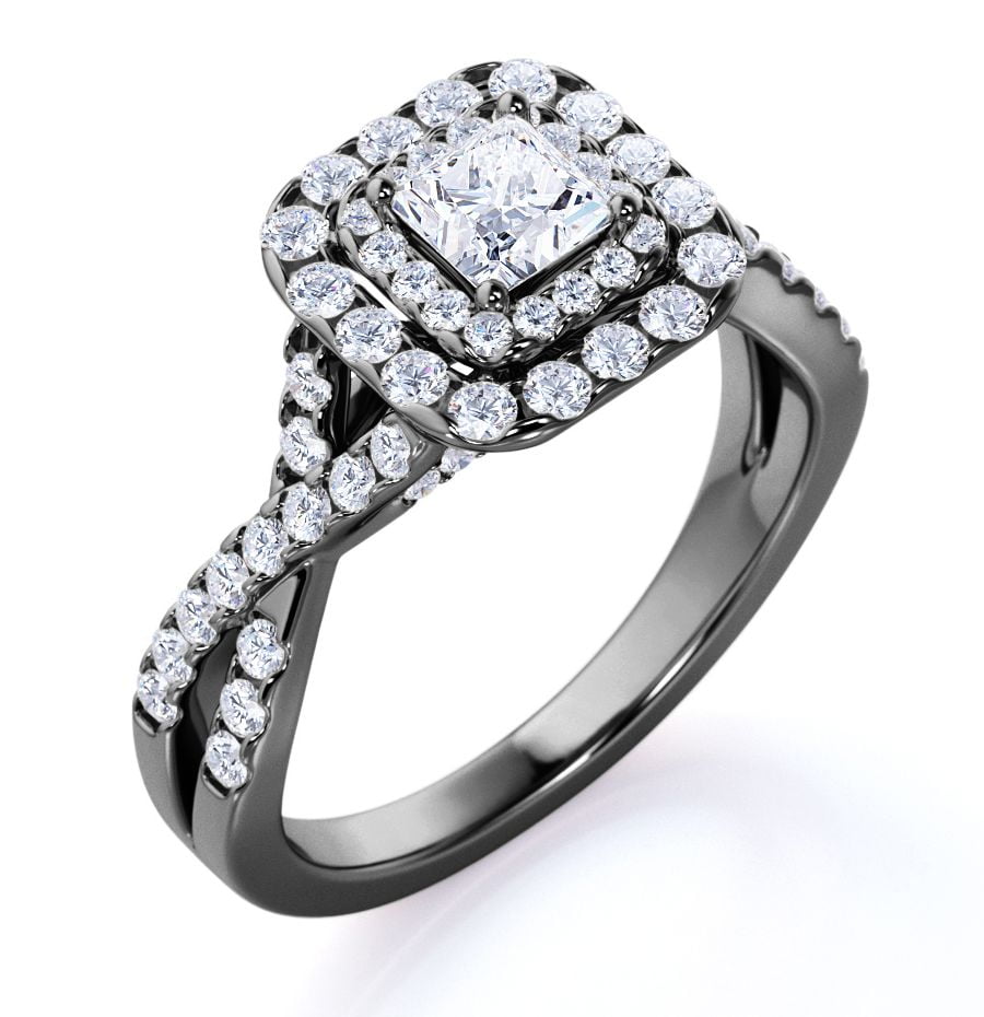 JeenMata Elegant Square Cut Lab Grown Diamond - Twisted Band - Pave - Double Halo Gothic Engagement Ring - 10K Black Gold