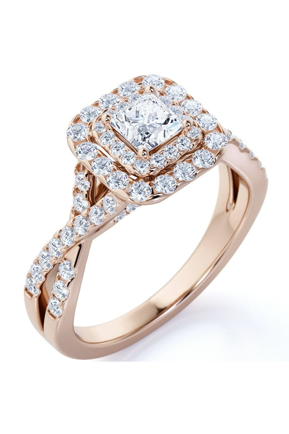 Elegant 1 Carat - Square Cut Moissanite - Twisted Band - Pave - Double Halo Engagement Ring - 18K Rose Gold over Silver