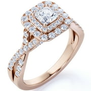 JEENMATA Elegant 1 Carat - Square Cut Moissanite - Twisted Band - Pave - Double Halo Engagement Ring - 18K Rose Gold over Silver