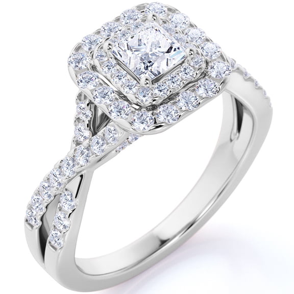JeenMata Elegant 1 Carat - Square Cut Moissanite - Twisted Band - Pave - Double Halo Engagement Ring - 18K White Gold over Silver