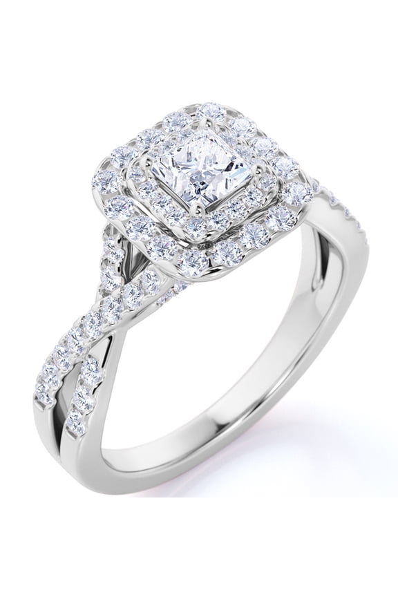 Elegant 1 Carat - Square Cut Moissanite - Twisted Band - Pave - Double Halo Engagement Ring - 18K White Gold over Silver