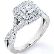 JeenMata Elegant 1 Carat - Square Cut Moissanite - Twisted Band - Pave - Double Halo Engagement Ring - 18K White Gold over Silver