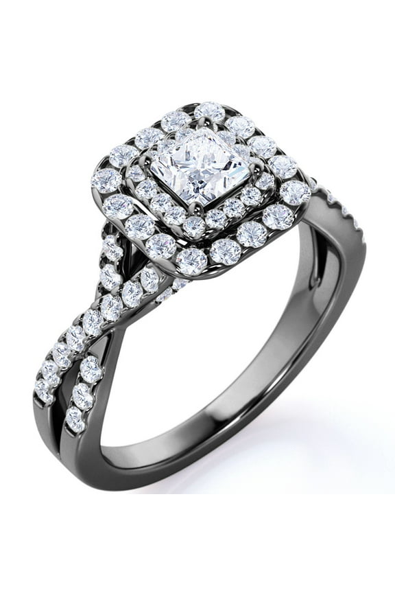 Elegant 1 Carat - Square Cut Moissanite - Twisted Band - Pave - Double Halo Gothic Engagement Ring - 18K Black Gold over Silver