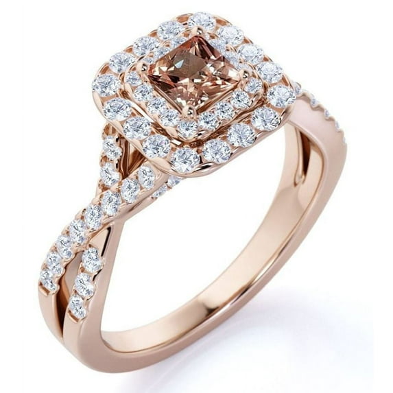 JeenMata Elegant 1 Carat - Square Cut created morganite - Twisted Band - Pave - Double Halo Engagement Ring - 18K Rose Gold over Silver