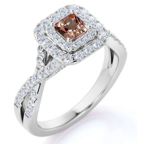 JeenMata Elegant 1 Carat - Square Cut created morganite - Twisted Band - Pave - Double Halo Engagement Ring - 18K White Gold over Silver