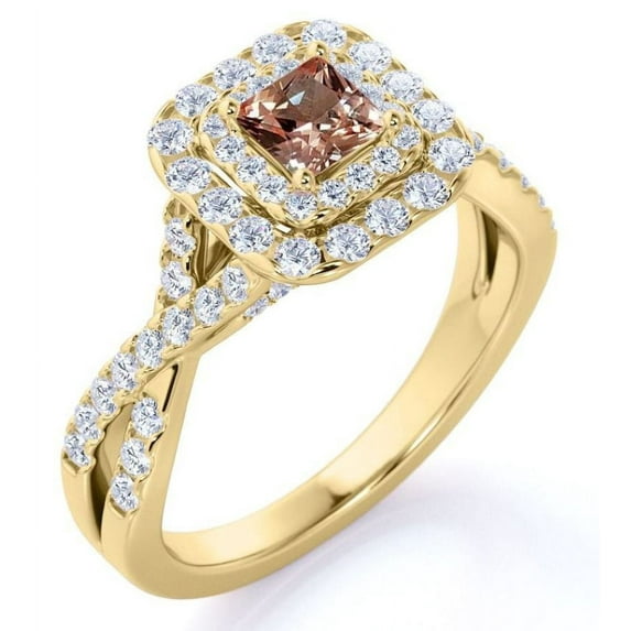 JeenMata Elegant 1 Carat - Square Cut created morganite - Twisted Band - Pave - Double Halo Engagement Ring - 18K Yellow Gold over Silver