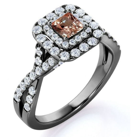 JeenMata Elegant 1 Carat - Square Cut created morganite - Twisted Band - Pave - Double Halo Gothic Engagement Ring - 18K Black Gold over Silver