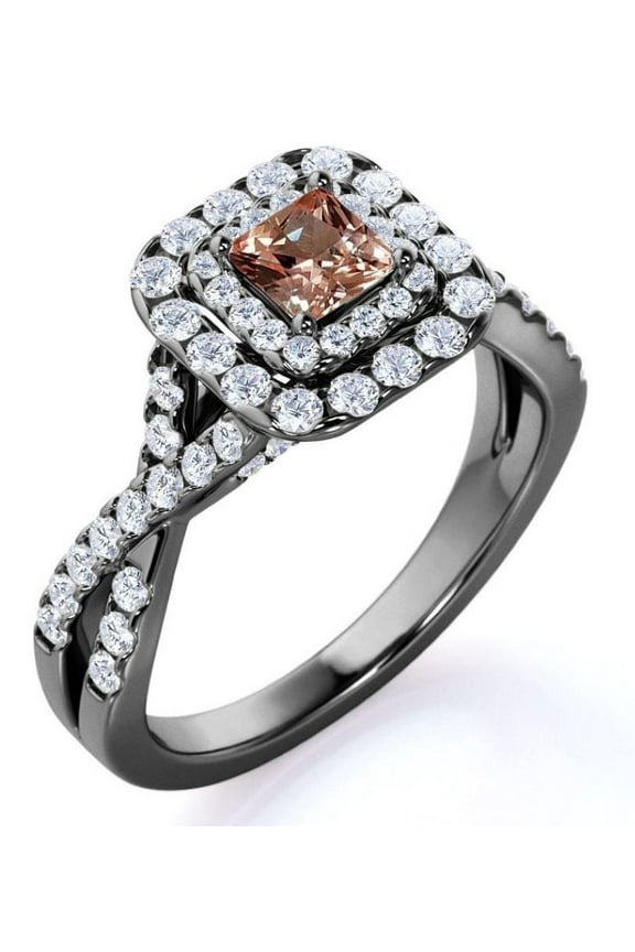 Elegant 1 Carat - Square Cut created morganite - Twisted Band - Pave - Double Halo Gothic Engagement Ring - 18K Black Gold over Silver