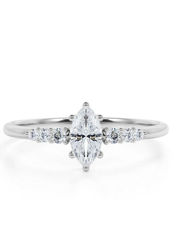 JeenMata Elegant Marquise Cut Engagement Ring in 18K White Gold over Silver
