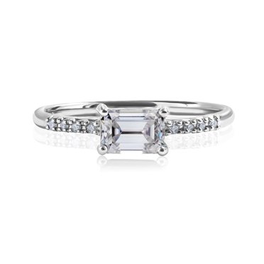 JeenMata Emerald Cut Cubic Zirconia - April Birthstone Solitaire Engagement Ring in 18k White Gold Over Silver