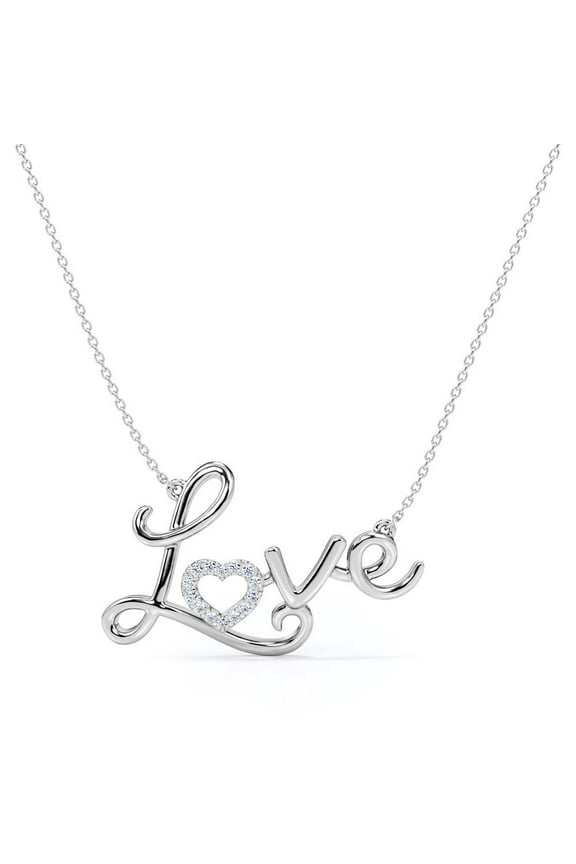 Enchanting Love Real Diamond Pendant Necklace in 18K White Gold over Silver