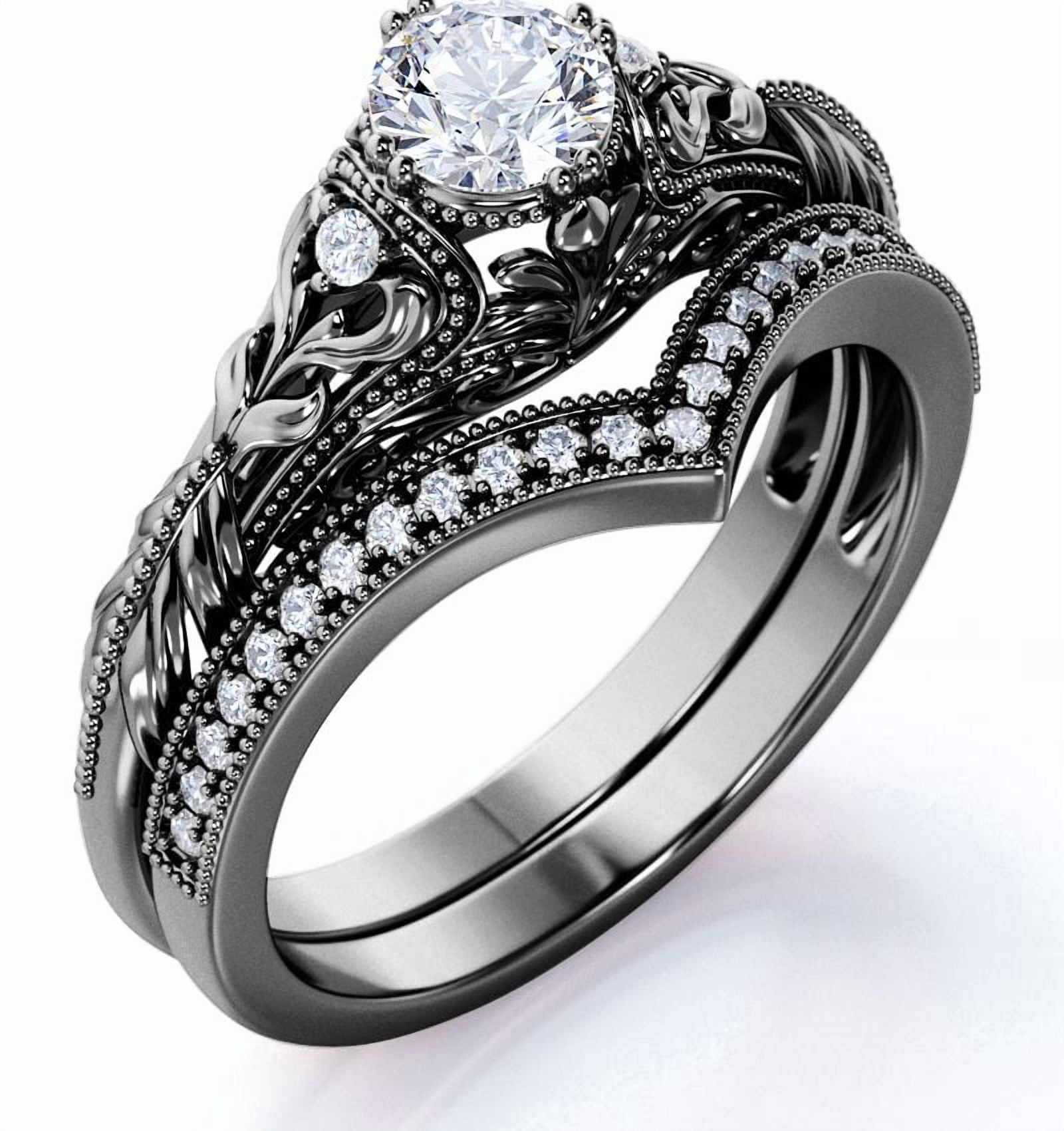 JeenMata Engraved 0.75 Carat Round Cut Lab Grown Diamond Victorian-Inspired Wedding Ring Set with Chevron Wedding Band in 10k Black Gold