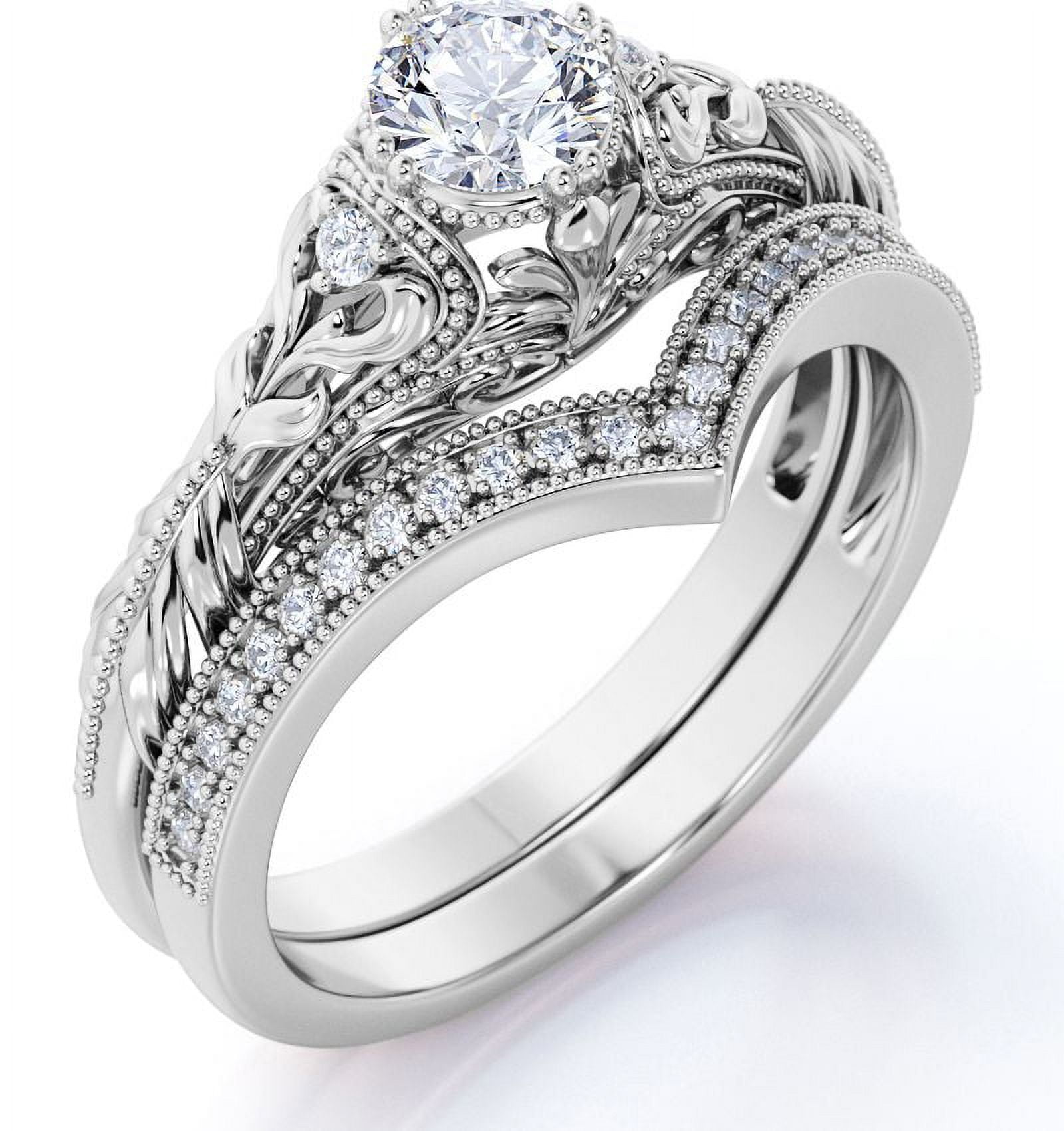 JeenMata Engraved 0.75 Carat Round Cut Lab Grown Diamond Victorian-Inspired Wedding Ring Set with Chevron Wedding Band in 10k White Gold