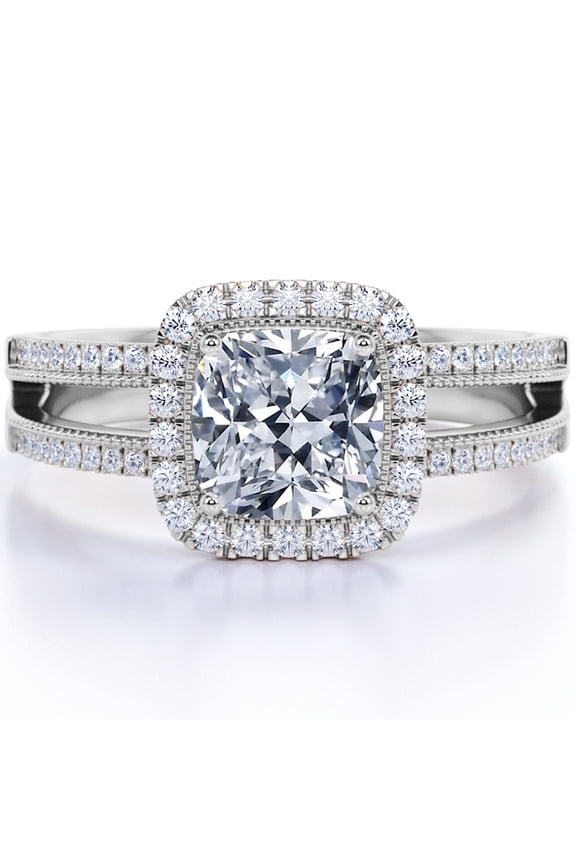 Exquisite 1.10 Carat Cushion Cut Moissanite Halo Split Shank Engagement Ring in 18k White Gold Over Silver