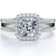 JeenMata Exquisite 1.10 Carat Cushion Cut Moissanite Halo Split Shank Engagement Ring in 18k White Gold Over Silver